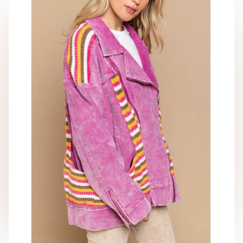 NEW POL Clothing Corduroy Moto Long Sleeve Jacket With Stripe Detail Plum Berry - Picture 3 of 5